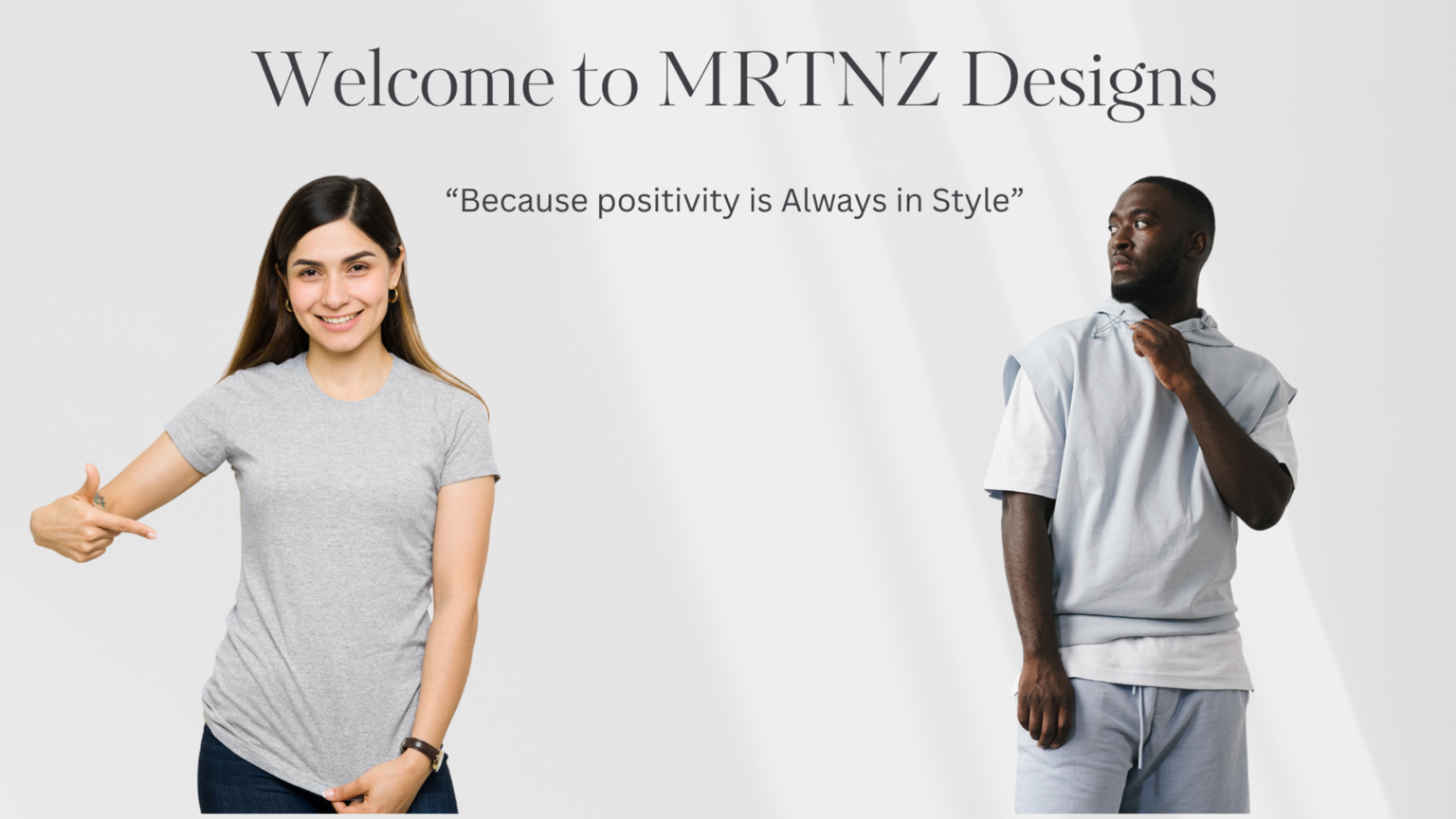 Two people wearing gray t-shirts with 'MRTNZ Designs' branding on a white background.